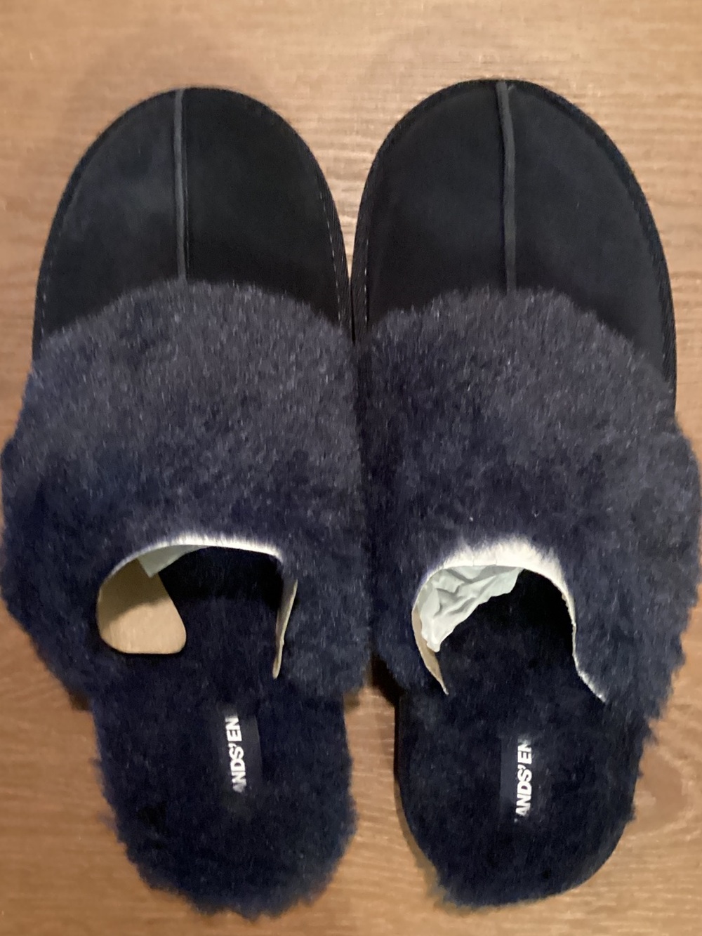 Lands' End Navy Suede Furry Indoor/Outdoor Slippers